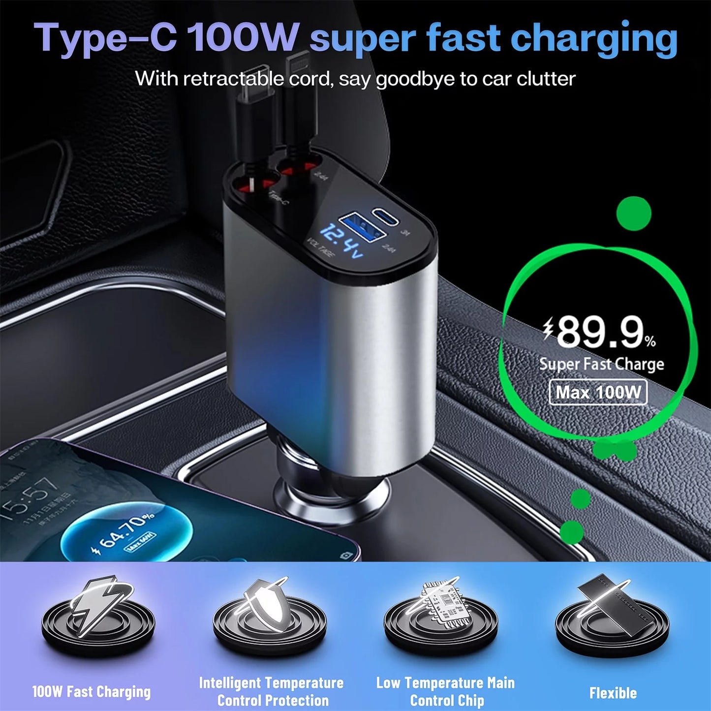 Ultimate 4-in-1 Fast Car Charger - 100W Power with iPhone & Type C Cable, Dual Charging Ports