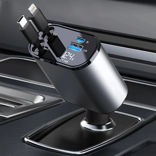 Ultimate 4-in-1 Fast Car Charger - 100W Power with iPhone & Type C Cable, Dual Charging Ports