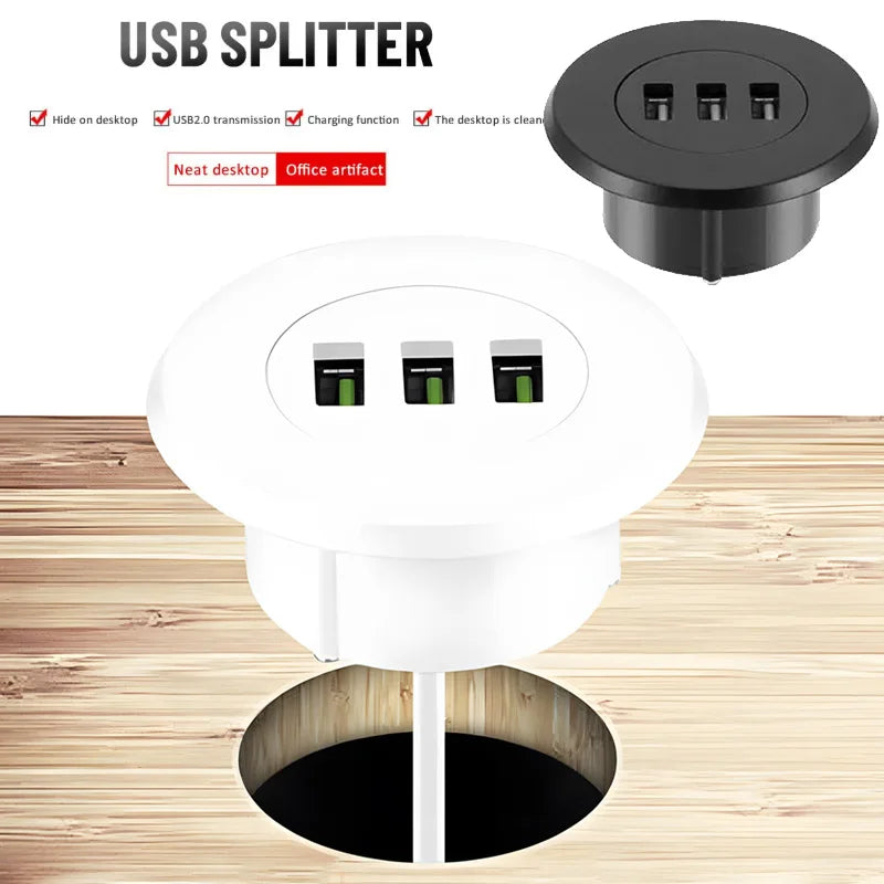 5Cm Grommet Hole In-Desk Mounting 3 Ports USB 2.0 Hub for Laptop PC Computer Three Splitter White USB2.0 Read Data Line Splitter