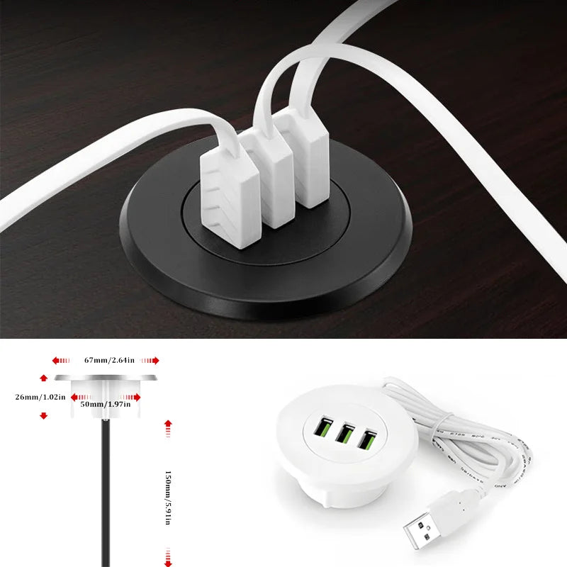 5Cm Grommet Hole In-Desk Mounting 3 Ports USB 2.0 Hub for Laptop PC Computer Three Splitter White USB2.0 Read Data Line Splitter