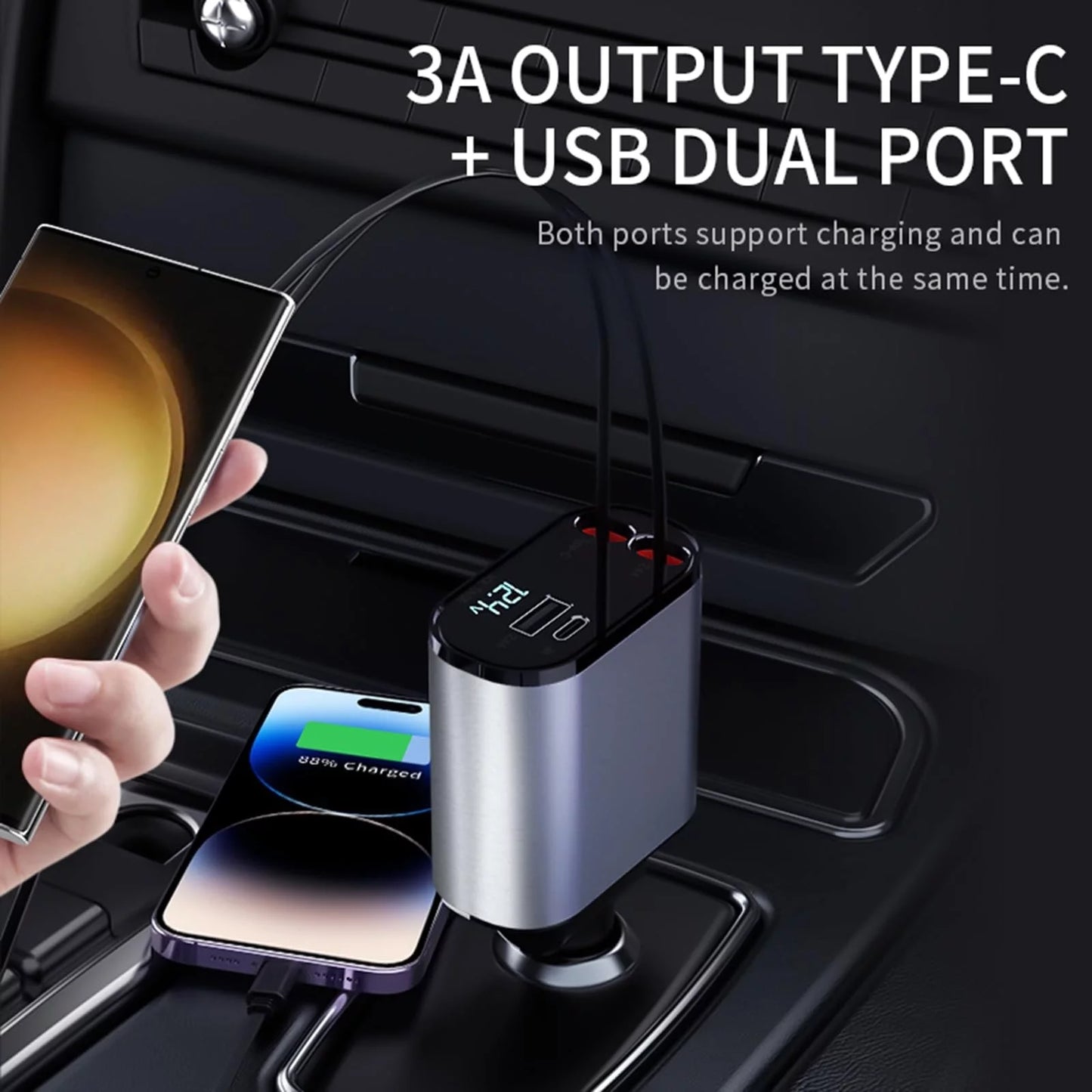 Ultimate 4-in-1 Fast Car Charger - 100W Power with iPhone & Type C Cable, Dual Charging Ports